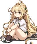  1girl ahoge bangs black_legwear blonde_hair brown_eyes buruma full_body granblue_fantasy green_buruma gym_shirt gym_uniform hair_between_eyes hair_ornament harvin houtengeki long_hair melissabelle pointy_ears shirt short_sleeves simple_background sitting socks solo very_long_hair white_background 