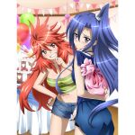  2girls amou_kanade artist_request ass bare_shoulders birthday birthday_cake blue_dress blue_eyes blue_hair blue_shorts blush breasts cake cleavage closed_mouth dress eyebrows_visible_through_hair food grin kazanari_tsubasa large_breasts long_hair midriff multiple_girls navel official_art orange_eyes parted_lips pillarboxed red_hair senki_zesshou_symphogear senki_zesshou_symphogear_xd_unlimited shiny shiny_hair short_shorts shorts side_ponytail smile strapless tube_top yuri 