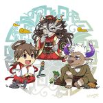  3boys animal_ears brown_fur chibi cow_ears cow_horns dragon_boy dragon_horns fingernails furry furry_male fuxi_(housamo) green_kimono highres horns japanese_clothes kimono male_focus master_4_(housamo) mature_male minotaur multiple_boys purple_eyes purple_horns red_eyes red_kimono sharp_fingernails shennong_(housamo) short_hair tokyo_afterschool_summoners white_hair yanai_inaya 