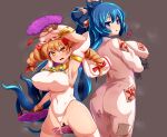  2girls arm_up armlet armpits ass blue_eyes blue_hair bow bracelet breasts censored clothing_aside covered_navel debt detached_sleeves dildo dress drill_hair gem grey_background grey_dress hair_bow hand_fan hat highleg highres huge_breasts jewelry keffiyeh large_breasts leotard leotard_aside light_brown_hair long_dress long_hair long_sleeves looking_at_viewer medium_hair mob_cap multiple_girls necklace orange_eyes orange_hair patches peso_(cheese_company) presenting_armpit pussy pussy_juice ribbon sex_toy short_sleeves simple_background smile steaming_body stuffed_animal stuffed_cat stuffed_toy thighhighs touhou touhou_gouyoku_ibun translation_request twin_drills twintails very_long_hair white_legwear white_leotard yorigami_jo&#039;on yorigami_shion 