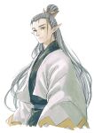  1boy absurdres chinese_clothes grey_hair hair_bun hanfu highres lanxi_zhen long_hair long_sleeves looking_at_viewer male_focus micho pan_jing_(the_legend_of_luoxiaohei) pointy_ears simple_background solo the_legend_of_luo_xiaohei upper_body very_long_hair white_background 