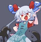  1girl blue_dress blue_skirt blue_vest curly_hair detached_sleeves dress earrings grey_background highres holding_spork horizontal_pupils horn_ornament horn_ribbon horns jewelry oil op_na_yarou oversized_object pointy_ears rectangular_pupils red_eyes red_horns red_sleeves ribbon sharp_teeth sheep_horns simple_background skirt solo teeth touhou touhou_gouyoku_ibun toutetsu_yuuma utensil vest white_hair 