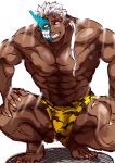  1boy abs alternate_skin_color animal_print bara bulge dark-skinned_male dark_skin fang full_body grin half_mask highres horned_mask horns kizami_nori_to_yamaimo loincloth long_hair looking_at_viewer male_focus mask monster_boy muscular muscular_male navel nipples no_pupils oni_mask pectorals ponytail pubic_hair pubic_hair_peek short_hair shuten_douji_(housamo) sideburns single_horn smile solo squatting sunlight tiger_print tokyo_afterschool_summoners topless_male unfinished upper_body veins very_dark_skin white_hair 