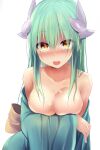  1girl bangs bare_shoulders blush breasts collarbone dragon_girl dragon_horns fate/grand_order fate_(series) green_hair green_kimono highres horns japanese_clothes kimono kiyohime_(fate) large_breasts long_hair long_sleeves looking_at_viewer multiple_horns off_shoulder open_mouth sen_(astronomy) smile solo wide_sleeves yellow_eyes 