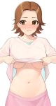  1girl absurdres bangs blush breasts brown_hair clothes_lift collarbone forehead full-face_blush highres holding holding_clothes holding_shirt idolmaster idolmaster_cinderella_girls lifted_by_self looking_away medium_breasts midriff navel no_bra ohta_yuu onao parted_bangs pink_shirt pink_skirt shirt shirt_lift short_hair short_sleeves simple_background skirt solo stomach underboob v-neck white_background 