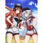  2girls amou_kanade artist_request baseball baseball_bat baseball_cap baseball_helmet baseball_mitt baseball_uniform blush breasts collarbone grin hair_ornament hair_scrunchie hat helmet large_breasts long_hair looking_at_another multiple_girls official_art open_mouth orange_eyes outdoors pillarboxed purple_eyes red_hair scrunchie senki_zesshou_symphogear senki_zesshou_symphogear_xd_unlimited shiny shiny_hair shiny_skin shorts sky smile sportswear twintails white_hair yukine_chris 