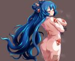  1girl :o ass blue_eyes blue_hair breasts closed_eyes closed_mouth covered_nipples debt dress from_behind grey_dress highres huge_breasts long_dress long_hair long_sleeves looking_at_viewer ofuda ofuda_on_clothes patches peso_(cheese_company) pussy_juice pussy_juice_drip_through_clothes steaming_body stuffed_animal stuffed_cat stuffed_toy surprised touhou touhou_gouyoku_ibun very_long_hair yorigami_shion 