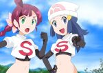  2girls :d bangs beanie blue_hair braid braided_ponytail chloe_(pokemon) clenched_hand cloud cosplay dawn_(pokemon) day elbow_gloves eyelashes flower gloves green_eyes grey_eyes hainchu hair_flower hair_ornament hairclip hand_on_hip hand_up hat highres jacket jessie_(pokemon) jessie_(pokemon)_(cosplay) long_hair multiple_girls navel open_mouth outdoors pink_flower pokemon pokemon_(anime) pokemon_swsh_(anime) sky smile team_rocket team_rocket_uniform tongue white_headwear white_jacket 