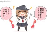  1girl anchor_symbol black_bow black_headwear black_legwear black_sailor_collar black_skirt bow brown_eyes brown_hair chibi commentary_request flat_cap full_body goma_(yoku_yatta_hou_jane) hair_bow hat hibiki_(kancolle) horosho kantai_collection long_hair low_twintails open_mouth sailor_collar school_uniform serafuku simple_background skirt solo standing tashkent_(kancolle) thighhighs translation_request twintails twitter_username wavy_mouth white_background 