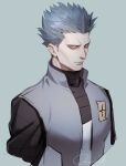  1boy bright_pupils closed_mouth commentary_request cyrus_(pokemon) grey_background grey_hair grey_vest highres kuroda_matsurika logo male_focus pokemon pokemon_(game) pokemon_dppt short_hair signature simple_background solo spiked_hair team_galactic turtleneck upper_body vest white_pupils 