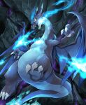  absurdres blue_fire breathing_fire bright_pupils cave_interior charizard claws commentary dated dragon fangs fire highres katkichi looking_down mega_charizard_x mega_pokemon no_humans open_mouth pokemon pokemon_(creature) red_eyes signature solo tail-tip_fire tongue white_pupils 