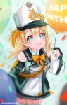  1girl absurdres aqua_eyes balloon band_uniform birthday blonde_hair detached_sleeves garter_straps hat highres karrotvtuber long_hair medal multicolored_hair one_side_up orange_hair pengin_pina prism_project sash shako_cap smile solo thighhighs two-tone_hair virtual_youtuber 