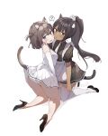 2girls ? absurdres animal_ear_fluff apron bangs bare_legs black_dress black_footwear blue_eyes blush brown_eyes brown_hair cat_girl cat_tail clothes_lift commentary_request dark-skinned_female dark_skin detached_sleeves dress dress_lift eyebrows_visible_through_hair full_body high_heels highres kneeling long_hair long_sleeves looking_at_viewer maid medium_hair multiple_girls one_side_up open_mouth original panties parted_lips ponytail puffy_short_sleeves puffy_sleeves shoes short_sleeves simple_background sinnop10 speech_bubble spoken_question_mark tail tail_lift thighhighs underwear white_apron white_background white_dress white_legwear white_panties 