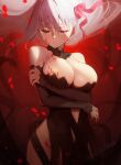  1girl adapted_costume breasts cleavage dark_sakura detached_collar detached_sleeves dress eyebrows_visible_through_hair fate/stay_night fate_(series) hair_between_eyes half-closed_eyes heaven&#039;s_feel highres large_breasts long_hair matou_sakura red_eyes revision siino solo white_hair 