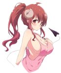  1girl ahoge bangs blush breasts breasts_day cleavage closed_mouth commentary_request covered_nipples curled_horns demon_girl demon_horns demon_tail eyebrows_visible_through_hair highres horns large_breasts long_hair looking_at_viewer machikado_mazoku mel_(melty_pot) no_bra pink_tank_top red_eyes red_hair sideboob simple_background solo sweat tail tank_top upper_body white_background yoshida_yuuko_(machikado_mazoku) 