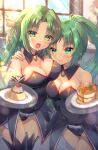  2girls angel_mort bare_shoulders black_leotard blurry breasts brooch cleavage covered_navel daken-chan depth_of_field detached_collar food green_eyes green_hair hair_intakes hair_ribbon highres higurashi_no_naku_koro_ni indoors jewelry leotard long_hair medium_breasts multiple_girls open_mouth ponytail ribbon siblings sisters sonozaki_mion sonozaki_shion strapless strapless_leotard sweatdrop thighhighs tray twins uniform very_long_hair window yellow_ribbon 