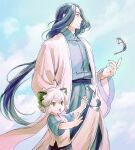  2boys animal_ears black_hair cat_boy cat_ears chinese_clothes cloud hands_up highres long_hair long_sleeves luoxiaohei micho multiple_boys profile short_hair short_sleeves the_legend_of_luo_xiaohei upper_body very_long_hair white_hair wide_sleeves wuxian_(the_legend_of_luoxiaohei) 