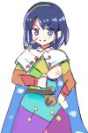  1girl bangs blue_eyes blue_hair cape english_commentary eyebrows_visible_through_hair hairband highres multicolored_clothes multicolored_hairband nipples one_breast_out patchwork_clothes rainbow_gradient remomon_(sdnn8578) short_hair sidelocks simple_background sky_print solo tenkyuu_chimata touhou v-shaped_eyebrows white_background zipper 