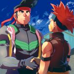  2boys biker_clothes bikesuit black_hair blush bodysuit crow_hogan fingerless_gloves gloves hachimaki hair_strand handshake headband highres lai-ja male_focus multiple_boys noboru_gongenzaka orange_hair pompadour red_nose short_hair sideburns smile spiked_hair thick_eyebrows upper_body yu-gi-oh! yu-gi-oh!_5d&#039;s yu-gi-oh!_arc-v 