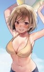  1girl armpits arms_up ball bangs bare_arms bare_shoulders beachball bikini blue_sky blush breasts breasts_day brown_bikini brown_eyes brown_hair cleavage cloud collarbone commentary day eyebrows_visible_through_hair grin halter_top halterneck holding holding_ball looking_at_viewer medium_breasts midorikawa_you navel original outdoors short_hair sky smile solo swimsuit upper_body v-shaped_eyebrows 