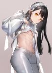  1girl abs bangs black_hair breasts frilled_hairband frills grey_pants hairband highres long_hair long_sleeves looking_at_viewer navel nima_(niru54) original pants shrug_(clothing) small_breasts solo thighs toned yellow_eyes 