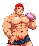  1boy abs akashi_(live_a_hero) alternate_costume bara blue_shorts blush bulge clothes_pull dolphin_shorts facial_hair feet_out_of_frame goatee gradient_hair highres holding kizami_nori_to_yamaimo large_pectorals live_a_hero long_sideburns male_focus multicolored_hair muscular muscular_male navel navel_hair nipples no_male_underwear pectorals pubic_hair pubic_hair_peek pulled_by_self red_eyes red_hair short_hair shorts shorts_pull sideburns smile solo stomach sweat thick_eyebrows thick_thighs thighs topless_male 