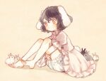  ._. 1girl :/ animal animal_ears bangs barefoot beige_background black_hair bloomers blush bright_pupils carrot_necklace closed_mouth dot_nose dress expressionless floppy_ears frilled_dress frilled_shirt_collar frilled_sleeves frills from_side full_body hair_between_eyes high_collar hugging_own_legs inaba_tewi jewelry knees_up looking_away pendant pink_dress puffy_short_sleeves puffy_sleeves rabbit_ears rabbit_girl rabbit_tail red_eyes short_hair short_sleeves simple_background sitting solo tail tareme toes_up touhou underwear wavy_hair white_bloomers yujup 