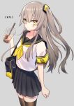  1girl alternate_costume bag black_legwear black_skirt blush bubble_tea character_name commentary_request cowboy_shot girls&#039;_frontline grey_background kawara_pigeon light_brown_hair long_hair looking_at_viewer neckerchief one_side_up pleated_skirt sailor_collar scar scar_across_eye school_bag school_uniform serafuku shoulder_bag simple_background skirt smile solo thighhighs ump45_(girls&#039;_frontline) yellow_eyes zettai_ryouiki 