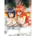  2girls amou_kanade artist_request black_hair blush breasts brown_eyes covering covering_breasts grin large_breasts long_hair looking_at_another multiple_girls navel nude official_art onsen orange_eyes red_hair senki_zesshou_symphogear senki_zesshou_symphogear_xd_unlimited shared_bathing shiny shiny_hair short_hair smile steam tomosato_aoi yuri 