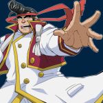  1boy black_hair blush feet_out_of_frame foreshortening hachimaki hair_strand headband hitenmaru looking_at_viewer male_focus noboru_gongenzaka open_hand open_mouth pompadour red_nose short_hair sideburns solo thick_eyebrows upper_body wind yu-gi-oh! yu-gi-oh!_arc-v 