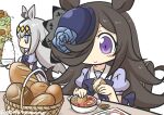  2girls absurdres animal_ears bangs basket black_bow black_hair blue_eyes blue_flower blue_headwear blue_rose blush bow bowl bread chair closed_mouth commentary_request eyebrows_visible_through_hair flower food goma_(gomasamune) grey_hair hair_between_eyes hair_over_one_eye hat hat_flower highres holding holding_food holding_tray horse_ears long_hair multiple_girls oguri_cap_(umamusume) on_chair puffy_short_sleeves puffy_sleeves purple_eyes purple_shirt rice rice_bowl rice_shower_(umamusume) rose school_uniform shirt short_sleeves simple_background sitting smile tilted_headwear tracen_school_uniform tray twitter_username umamusume very_long_hair white_background 