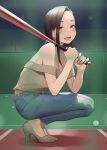  1girl :d ball bare_shoulders baseball baseball_bat blue_pants blush breasts brown_eyes brown_footwear brown_hair brown_shirt cleavage commentary denim eyes_visible_through_hair full_body ganbare_douki-chan highres holding holding_baseball_bat jeans jewelry long_hair looking_at_viewer medium_breasts necklace off-shoulder_shirt off_shoulder open_mouth pants senpai-san_(douki-chan) shirt shoes smile solo squatting teeth upper_teeth yomu_(sgt_epper) younger 