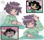  1girl :| artist_name asscoiris bed_sheet big_eyes black_hair bright_pupils buttercup_(ppg) buttercup_redraw_challenge clenched_hand closed_mouth collar commentary cowlick derivative_work english_commentary frilled_collar frills frown green_eyes green_pajamas half-closed_eyes highres looking_at_viewer matsubara_kaoru messy_hair multiple_views pajamas parody pillow powerpuff_girls powerpuff_girls_z reference_inset screencap_redraw short_hair simple_background sitting smile style_parody v-shaped_eyebrows watermark white_background white_pupils 