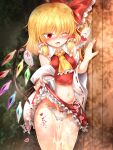  1girl after_sex ascot bangs bare_shoulders blonde_hair blush bow bow_panties breasts bush collar collared_shirt cosplay crystal cum cumdrip detached_sleeves eyebrows_visible_through_hair eyes_visible_through_hair fang flandre_scarlet frills hair_between_eyes hair_bow hair_ornament hair_tubes hakurei_reimu hakurei_reimu_(cosplay) hands_up heart highres japanese_clothes jewelry long_sleeves looking_to_the_side marukyuu_ameya medium_breasts miko miniskirt multicolored_wings navel no_hat no_headwear one_eye_closed open_mouth panties pink_heart ponytail red_bow red_eyes red_heart red_nails red_shirt red_skirt shadow shirt short_hair skirt solo standing stomach sweat tongue touhou underwear wall white_panties white_sleeves wide_sleeves wings yellow_ascot 