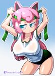  1girl absurdres animal_ears blue_eyes blue_sky breasts buruma cosplay frown gradient gradient_background green_buruma green_headband green_headwear gym_shirt gym_shorts gym_uniform hair_between_eyes hand_on_headwear headband highres hungrybox jiggly_girls jigglypuff jigglypuff_(cosplay) large_breasts leaning_forward long_hair looking_up minuspal pink_hair pokemon ribbon shirt short_sleeves shorts simple_background sky super_smash_bros. twitch.tv twitch_logo upper_body watermark web_address white_shirt 