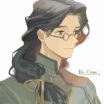  1boy black_eyes black_hair character_name chinese_clothes citan_uzuki closed_mouth fujie-yz glasses hair_ribbon highres long_hair male_focus multicolored_hair portrait red_hair ribbon simple_background solo white_background xenogears yellow_ribbon 