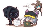  1girl 1other :3 amiya_(arknights) animal_ears arknights bangs black_jacket blue_eyes brown_eyes chibi click_(arknights) computer doctor_(arknights) grey_hair hair_between_eyes hat hood hood_up hooded_jacket jacket laptop long_sleeves mouse_ears mouse_girl mouse_tail nuu_(nu-nyu) o_o open_mouth paper paper_stack peeking_out rabbit_ears shaded_face short_hair simple_background sweat tail tail_wagging translated white_background 
