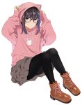  1girl adjusting_clothes adjusting_headwear animal_ear_headwear animal_hood artist_name black_hair blush boots cat_hood frown glasses hood hood_up hoodie mattaku_mousuke medium_hair miniskirt multicolored_hair on_ground original pantyhose pink_hair sitting skirt solo streaked_hair watermark white_background 