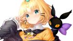  1girl animal_on_shoulder bangs black_bow black_cat black_jacket blonde_hair bow cat cat_on_shoulder collared_shirt eyebrows_visible_through_hair flat_chest green_eyes green_nails jacket lucie_(millie_parfait) millie_parfait nijisanji nijisanji_en off_shoulder orange_eyes orange_sweater shirt smile solo sweater tied_hair v virtual_youtuber white_shirt zzz_(zzz00166403zzz) 