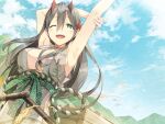  1girl ;d arm_behind_head armpits arms_up ayakashi_kyoushuutan bangs bare_arms blue_sky blush breasts cart cleavage cloud commentary_request cura day eyebrows_visible_through_hair floral_print green_eyes grey_hair hair_between_eyes hair_ornament highres hill horns large_breasts leaf_hair_ornament looking_at_viewer monobeno official_art one_eye_closed oni_horns open_mouth outdoors red_horns sky sleeveless smile solo teeth tooko_(monobeno) upper_teeth wind 