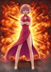  1girl alternate_costume bangs bare_shoulders blue_bow bow breasts china_dress chinese_clothes cleavage_cutout clothing_cutout crossed_arms dress explosion eyebrows_visible_through_hair gunbuster_pose hair_between_eyes hair_bow kohaku_(tsukihime) looking_at_viewer medium_breasts melty_blood melty_blood:_type_lumina mixed-language_commentary miyai_sen mr._chin official_alternate_costume open_mouth pelvic_curtain red_dress red_hair sleeveless sleeveless_dress smile solo thighs tongue tsukihime tsukihime_(remake) yellow_eyes 