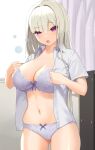  1girl bra breasts breasts_day cleavage collared_shirt highres large_breasts looking_at_viewer nanam_(nanam_sk) navel open_mouth original panties purple_eyes raised_eyebrows shirt solo thighs unbuttoned unbuttoned_shirt underwear waking_up white_hair 