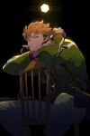  1boy arm_rest bangs black_background blonde_hair chair cigarette copyright_name cube echo_(circa) feet_out_of_frame green_jacket gun head_rest jacket long_sleeves looking_at_viewer male_focus pants short_hair sideburns simple_background sitting sitting_backwards solo suwa_koutarou sweat teeth_hold uniform weapon world_trigger 