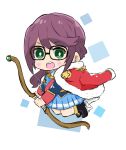  1girl :o bangs black-framed_eyewear black_footwear blue_background blue_jacket blue_skirt blush boots bow_(weapon) brown_hair chibi commentary_request eyebrows_visible_through_hair full_body fur-trimmed_jacket fur_trim glasses green_eyes hitomiz holding holding_bow_(weapon) holding_weapon hoshimi_junna jacket jacket_on_shoulders long_hair long_sleeves looking_at_viewer open_mouth pleated_skirt red_jacket shirt shoujo_kageki_revue_starlight skirt solo teeth two-tone_background upper_teeth weapon white_background white_shirt 