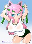  1girl absurdres animal_ears blue_eyes blue_sky breasts buruma cosplay frown gradient gradient_background green_buruma green_headband green_headwear gym_shirt gym_shorts gym_uniform hair_between_eyes hand_on_headwear headband highres hungrybox jiggly_girls jigglypuff jigglypuff_(cosplay) large_breasts leaning_forward long_hair looking_up minuspal pink_hair pokemon ribbon shirt short_sleeves shorts simple_background sky super_smash_bros. twitch.tv twitch_logo upper_body white_shirt 