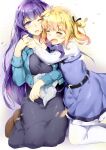  2girls arm_around_neck bangs belt blonde_hair blunt_bangs breasts buttons closed_eyes collarbone collared_shirt dress girlish_number highres hug kneeling large_breasts long_skirt multiple_girls one_eye_closed open_mouth purple_eyes purple_hair shibasaki_kazuha shirt shoes shuffle_(songdatiankong) simple_background skirt smile sonou_momoka white_background white_legwear yuri 