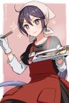  +_+ 1girl ahoge akebono_(kancolle) animal_print apron bandana bunny_print chopsticks commentary_request fish food gloves hair_between_eyes hair_ornament hairclip highres holding holding_food kantai_collection lime_slice long_hair long_sleeves low_ponytail natsume_(natsume_melio) pink_background purple_eyes purple_hair saury smile solo twitter_username upper_body white_background white_gloves 