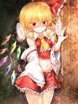  1girl after_sex ascot bangs bare_shoulders blonde_hair blush bow breasts bush closed_mouth collar collared_shirt cosplay crystal cum cumdrip detached_sleeves eyebrows_visible_through_hair eyes_visible_through_hair fang flandre_scarlet frills hair_between_eyes hair_bow hair_ornament hair_tubes hakurei_reimu hakurei_reimu_(cosplay) hand_up heart highres japanese_clothes jewelry long_sleeves looking_at_viewer marukyuu_ameya medium_breasts miko miniskirt multicolored_wings navel no_hat no_headwear pink_heart ponytail red_bow red_eyes red_heart red_nails red_shirt red_skirt shadow shirt short_hair skirt solo standing stomach sweat touhou wall white_sleeves wide_sleeves wings yellow_ascot 