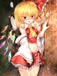  1girl after_sex ascot bangs bare_shoulders blonde_hair blush bow breasts bush collar collared_shirt cosplay crystal cum cumdrip detached_sleeves eyebrows_visible_through_hair eyes_visible_through_hair fang flandre_scarlet frills hair_between_eyes hair_bow hair_ornament hair_tubes hakurei_reimu hakurei_reimu_(cosplay) hand_up heart highres japanese_clothes jewelry long_sleeves looking_at_viewer marukyuu_ameya medium_breasts miko miniskirt multicolored_wings navel no_hat no_headwear open_mouth pink_heart ponytail red_bow red_eyes red_heart red_nails red_shirt red_skirt shadow shirt short_hair skirt solo standing stomach sweat tongue touhou wall white_sleeves wide_sleeves wings yellow_ascot 