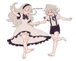  1boy 1girl alternate_costume bangs barefoot black_bow black_bowtie black_hairband black_ribbon black_shorts bloomers blush bow bowtie corrin_(fire_emblem) corrin_(fire_emblem)_(female) corrin_(fire_emblem)_(male) do_m_kaeru dress dual_persona eyebrows_visible_through_hair fire_emblem fire_emblem_fates frilled_dress frills full_body grey_hair hair_between_eyes hairband holding holding_another&#039;s_arm long_hair manakete neck_ribbon open_mouth pointing pointy_ears puffy_short_sleeves puffy_sleeves red_eyes ribbon shirt short_hair short_sleeves shorts simple_background smile suspender_shorts suspenders tongue twitter_username underwear white_background white_dress white_shirt younger 